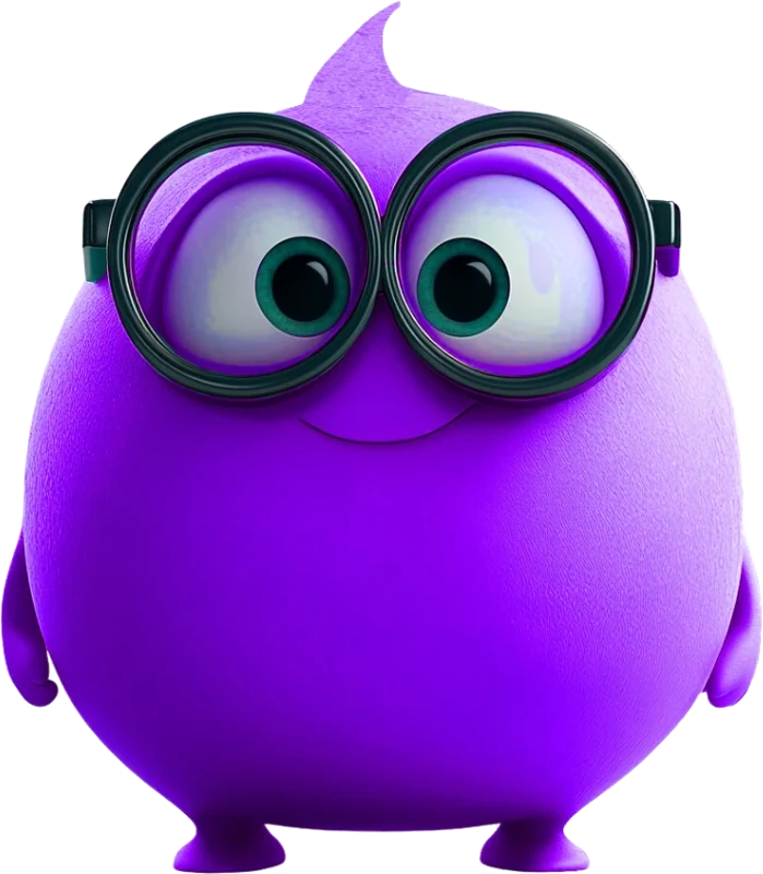 Dimo, the D5 Square mascot: a round purple character with big round glasses