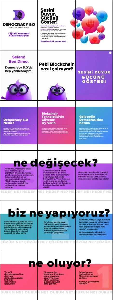 The Democracy 5.0 launch grid on Instagram: logo, slogan and Dimo posts above three panoramic rows